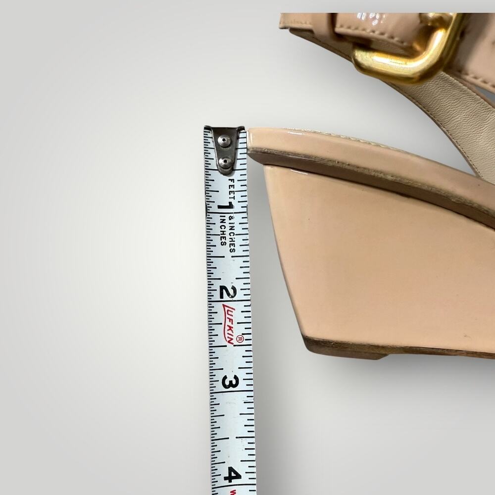 Prada Patent Leather Slingback Wedge Sandals Bow Peep Toe Nude Pink Size 37.5 - Picture 13 of 16